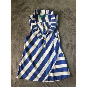 Southern Frock Blouse Womens Blue White Stripe Small Ruffled Neckline Sleeveless